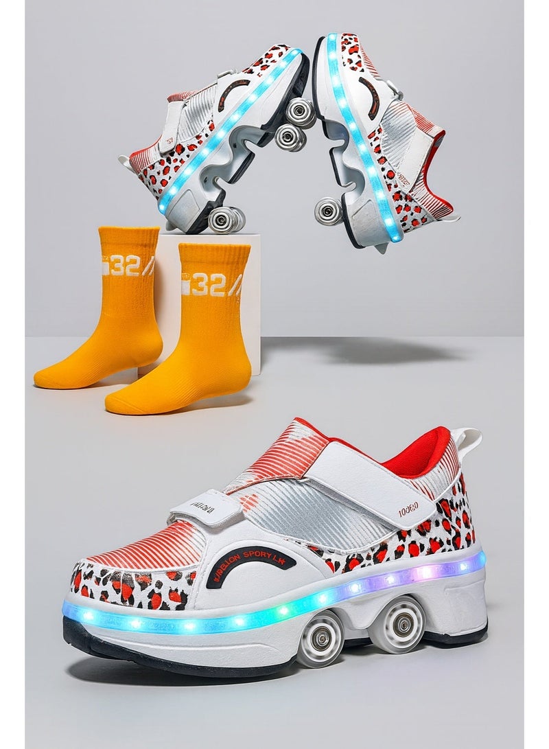 دراكسون حذاء عجلات تزلج مزدوجة الصف ملونة بضوء وامض للجنسين البالغين والأطفال 2 في 1 أحذية تزلج قابلة للإزالة والسحب بكرة دوارة حذاء رياضي مع دلاغات رياضية - Image 2